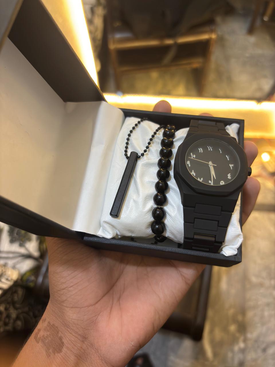 pack of 3 deal Black Arabic Aura Watch For Men Stylish rolly bracelet and 1 3D Bar Stick Locket with premium quality box