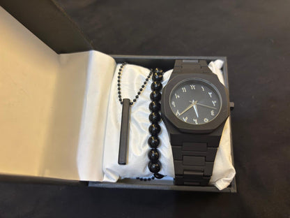 pack of 3 deal Black Arabic Aura Watch For Men Stylish rolly bracelet and 1 3D Bar Stick Locket with premium quality box