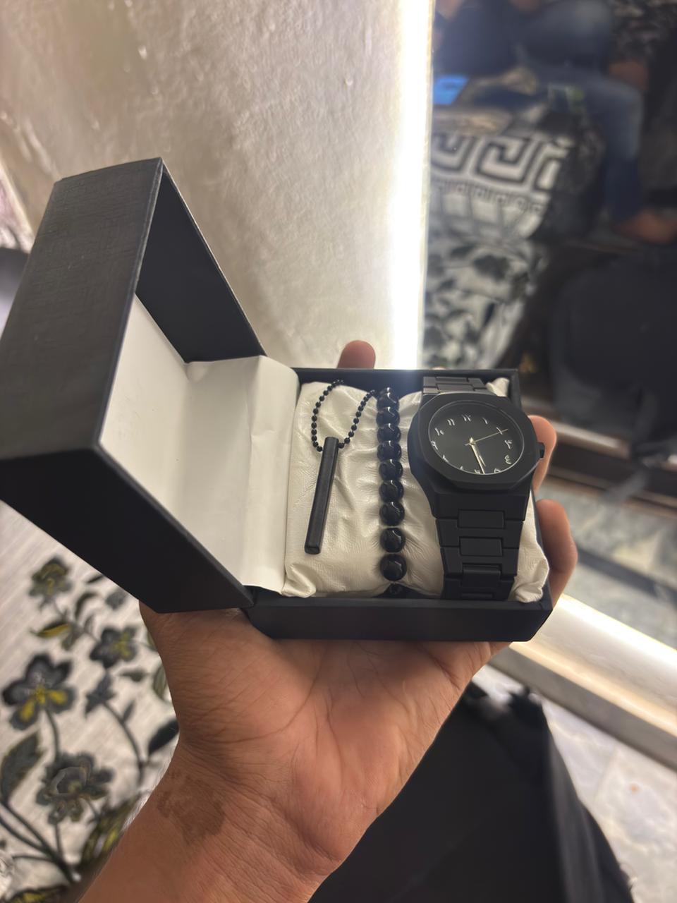 pack of 3 deal Black Arabic Aura Watch For Men Stylish rolly bracelet and 1 3D Bar Stick Locket with premium quality box