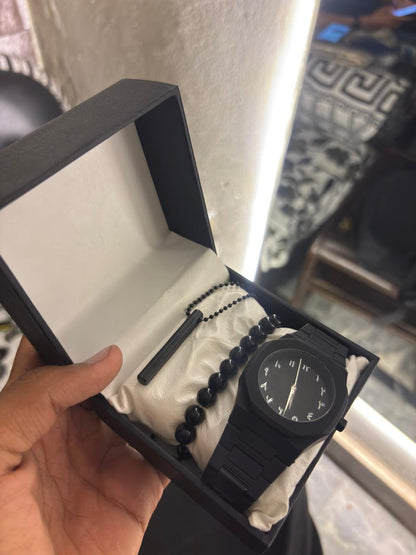 pack of 3 deal Black Arabic Aura Watch For Men Stylish rolly bracelet and 1 3D Bar Stick Locket with premium quality box
